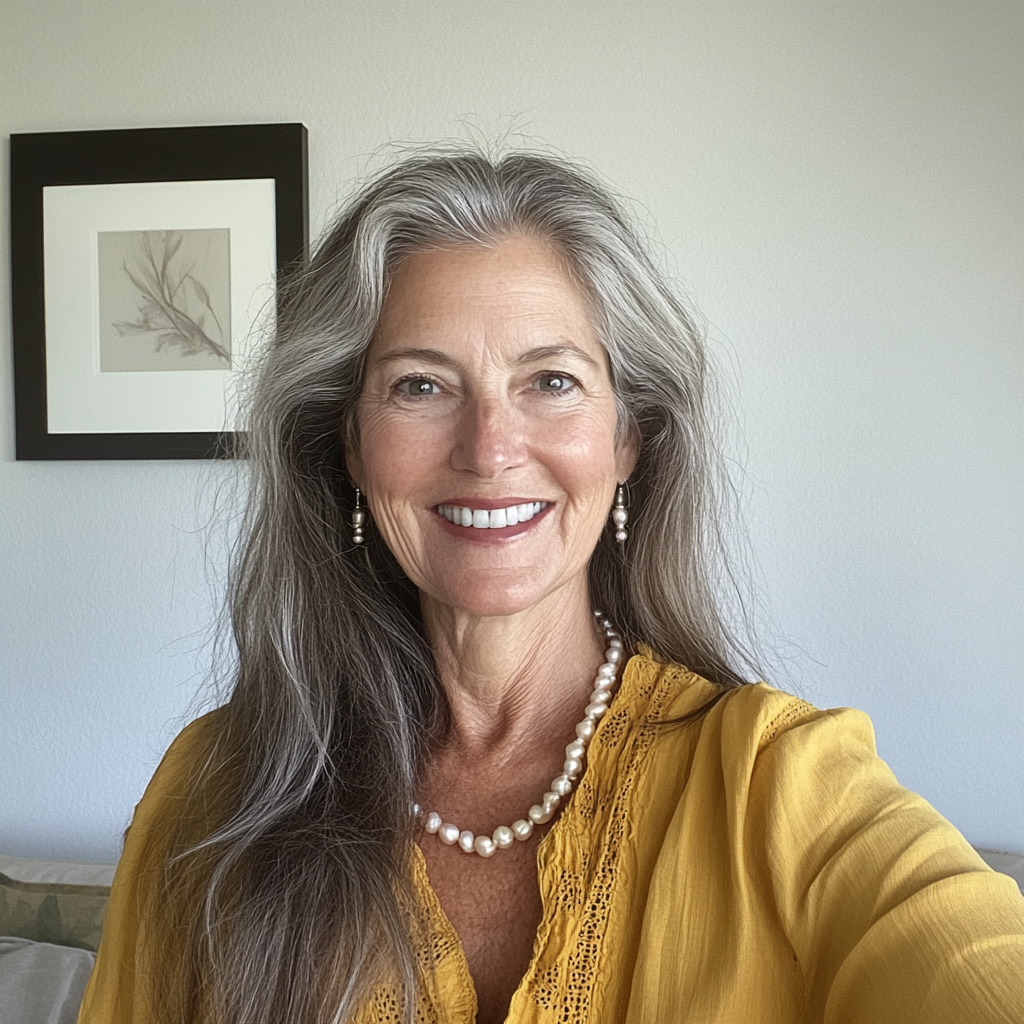 A smiling older woman wearing a pearl necklace | Source: No source