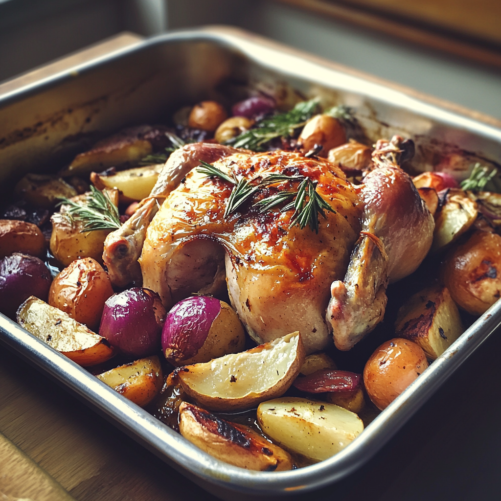 Roast chicken and veggies on a tray | Source: no source