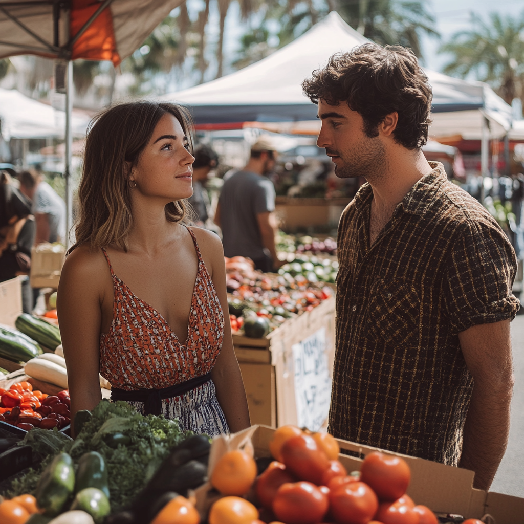 People having a chat at a farmer's market | Source: No source