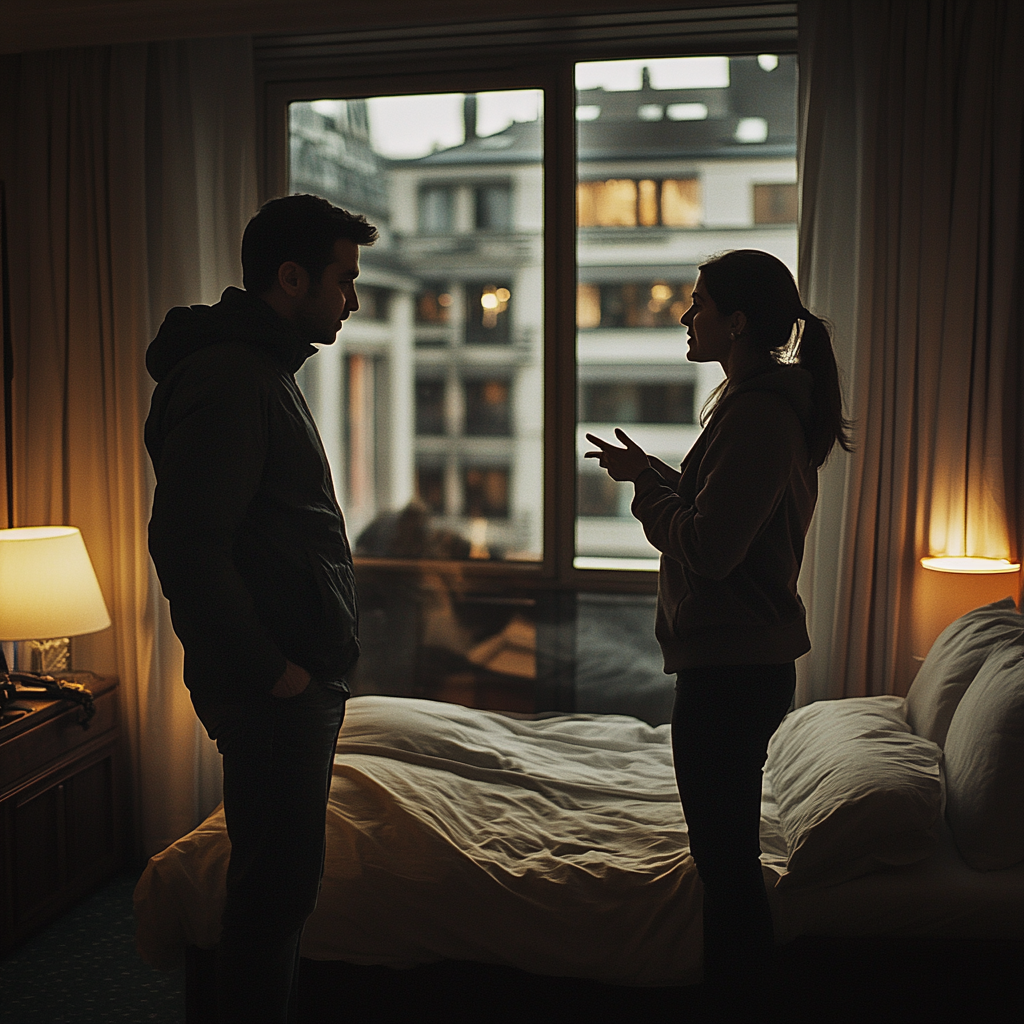 A couple having a serious talk in a hotel room | Source: no source