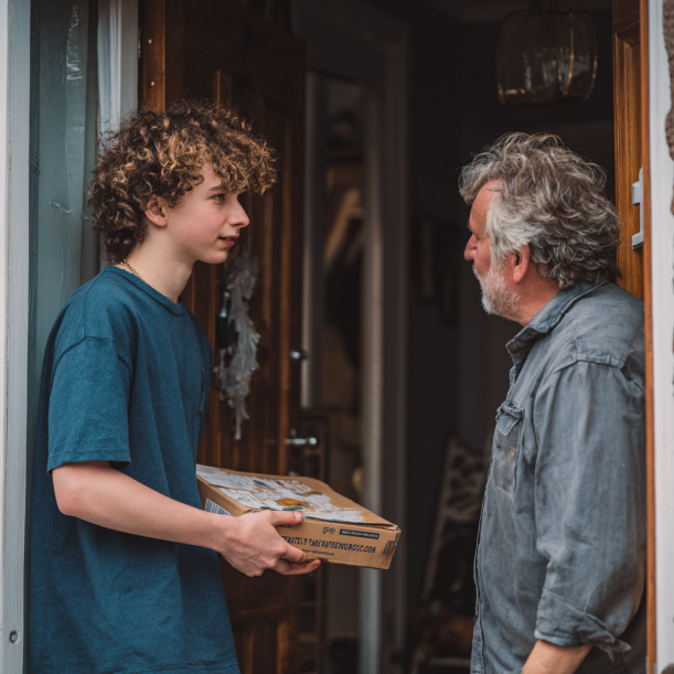 An older man answers the door to talk to a young man | Source: No source