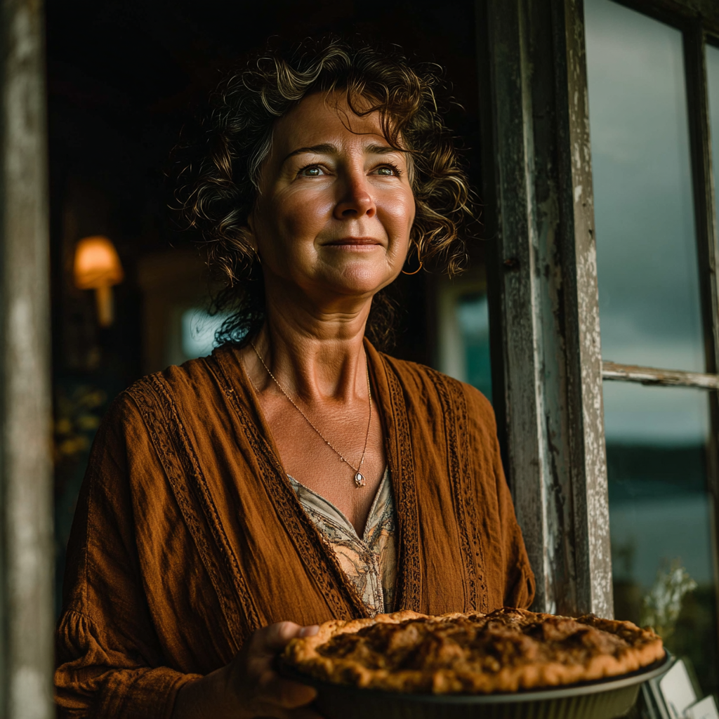 A woman holding a pie while visiting | Source: No source