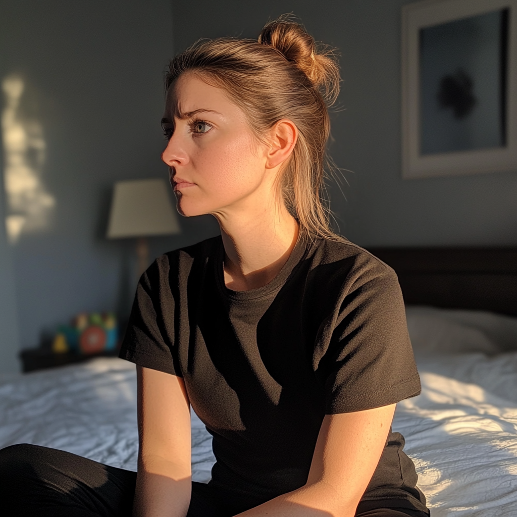 A woman sitting on a bed | Source: No source