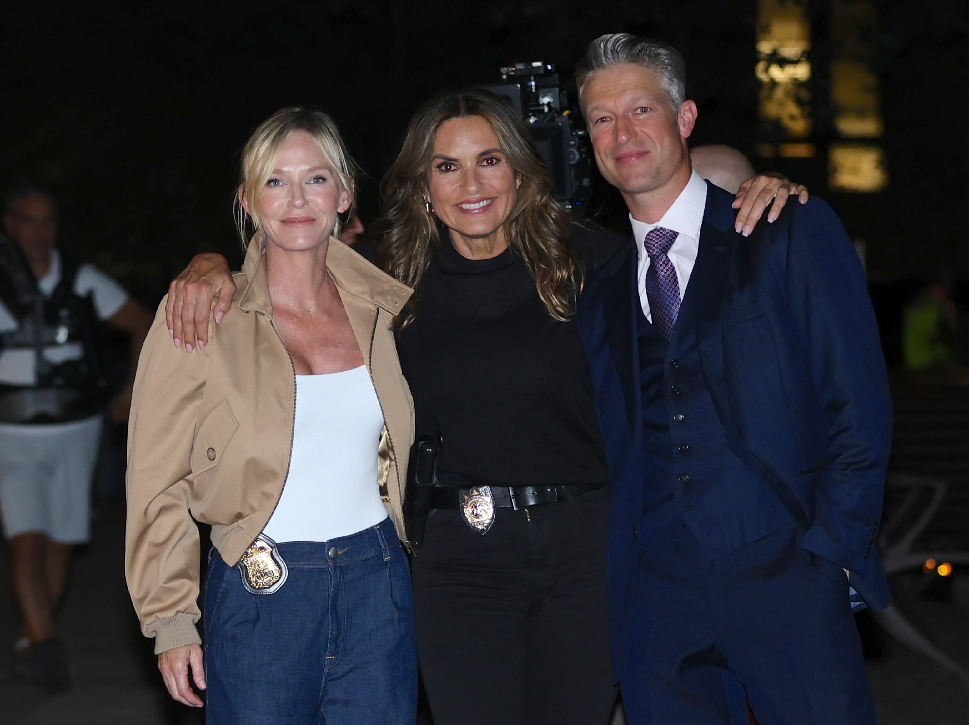 Kelli Giddish, Mariska Hargitay, and Peter Scanavino on the set of "Law & Order: Special Victims Unit" on July 29, 2025, in New York. | Source: Getty Images