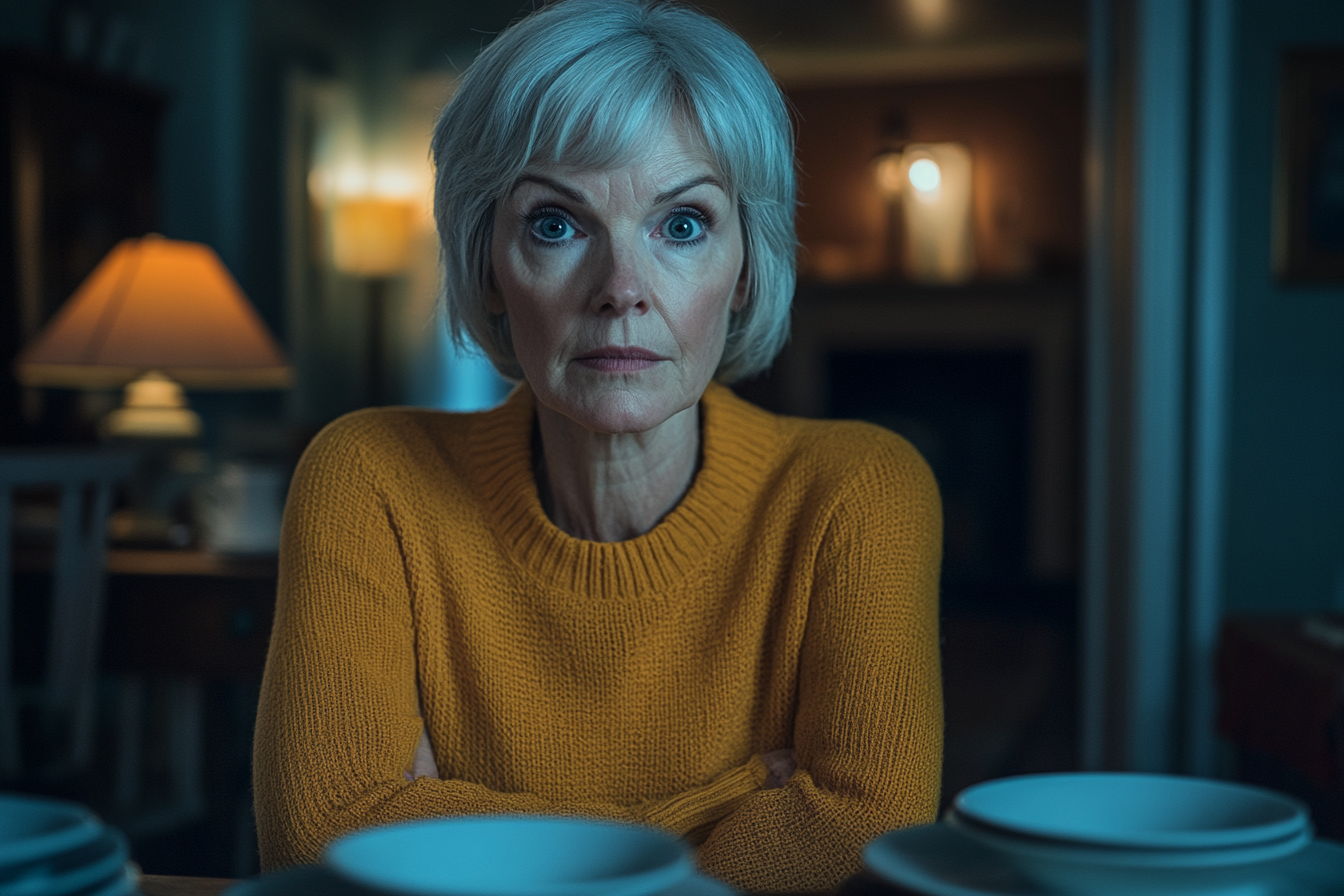 A woman at a table smiling awkwardly | Source: No source