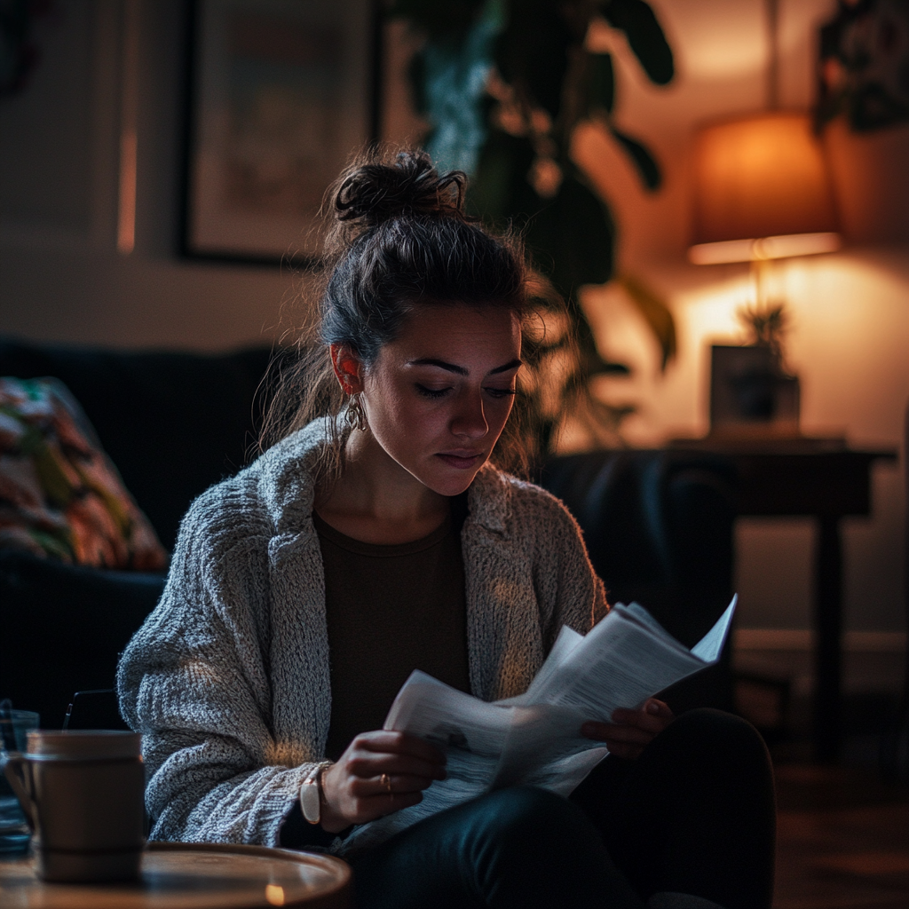 A woman sitting on her living room floor at night, sorting through documents | Source: No source