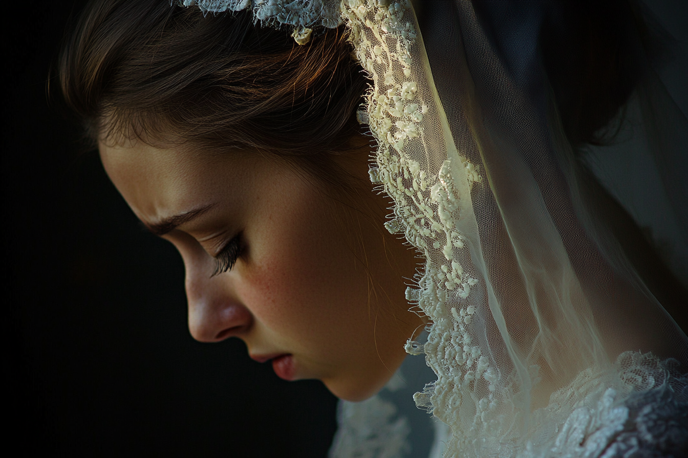 An emotional bride hanging her head | Source: no source