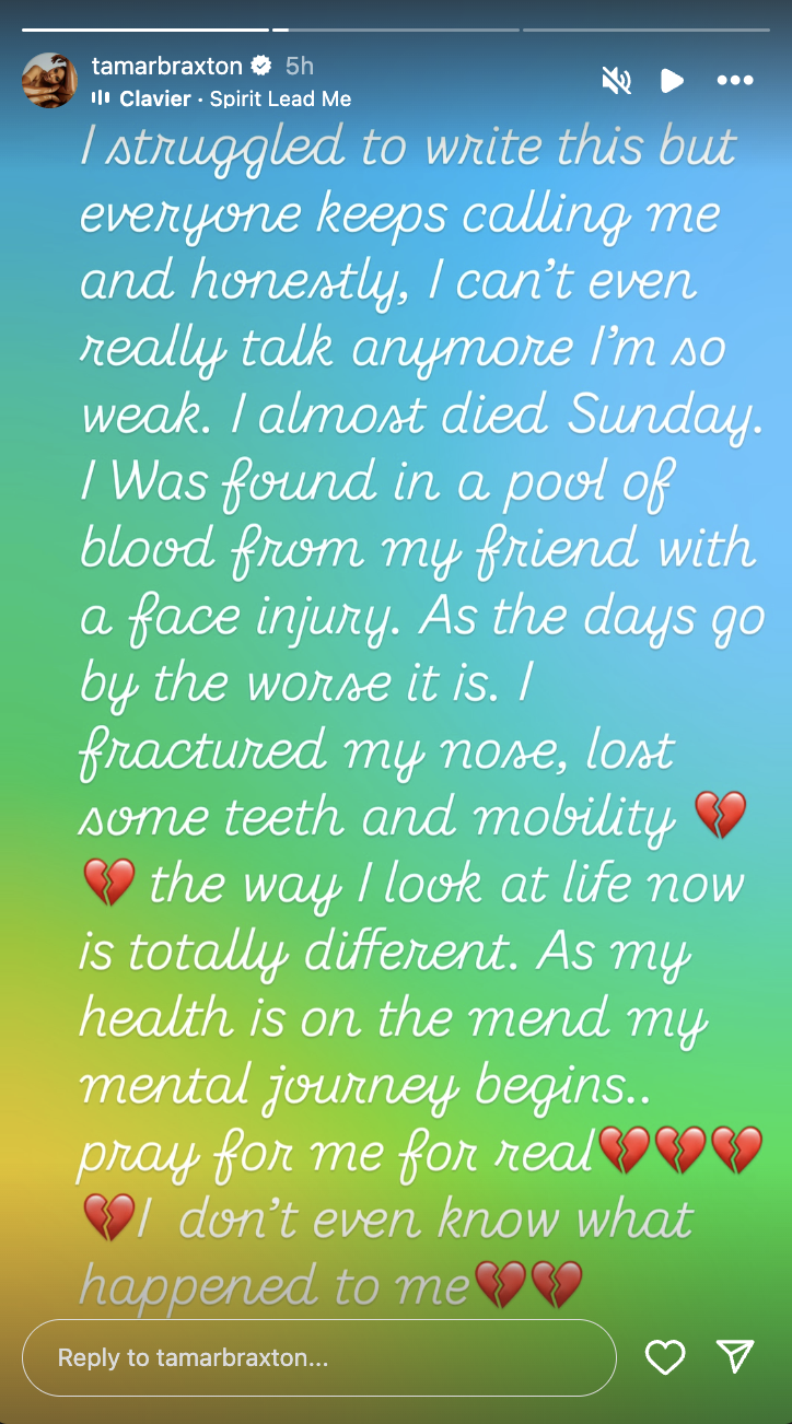 On her Instagram Story, Tamar Braxton shared that she experienced a serious health scare that left her with significant injuries, as posted on August 19, 2025. | Source: Instagram/tamarbraxton