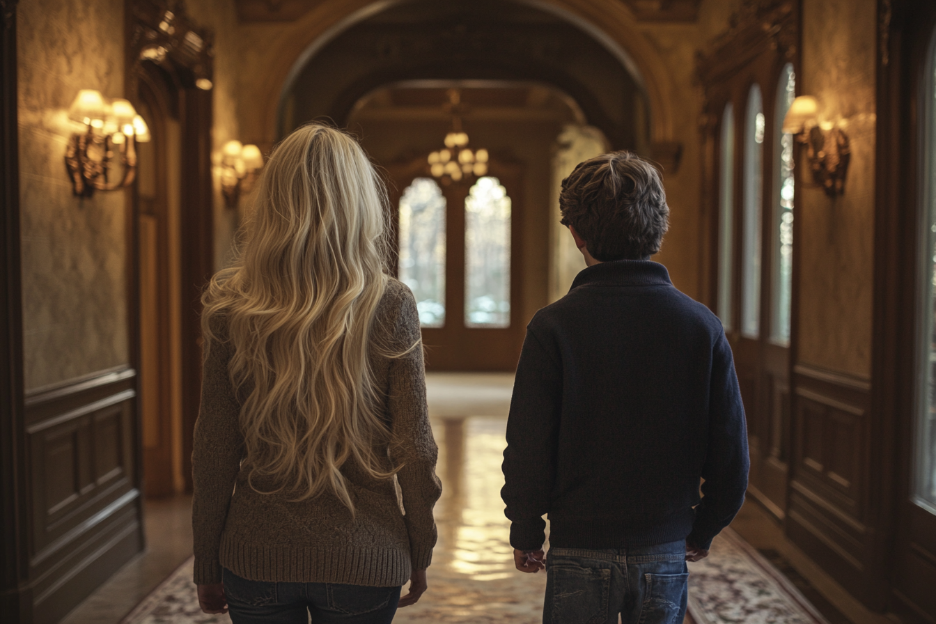 A woman and her son walking down a hallway | Source: No source