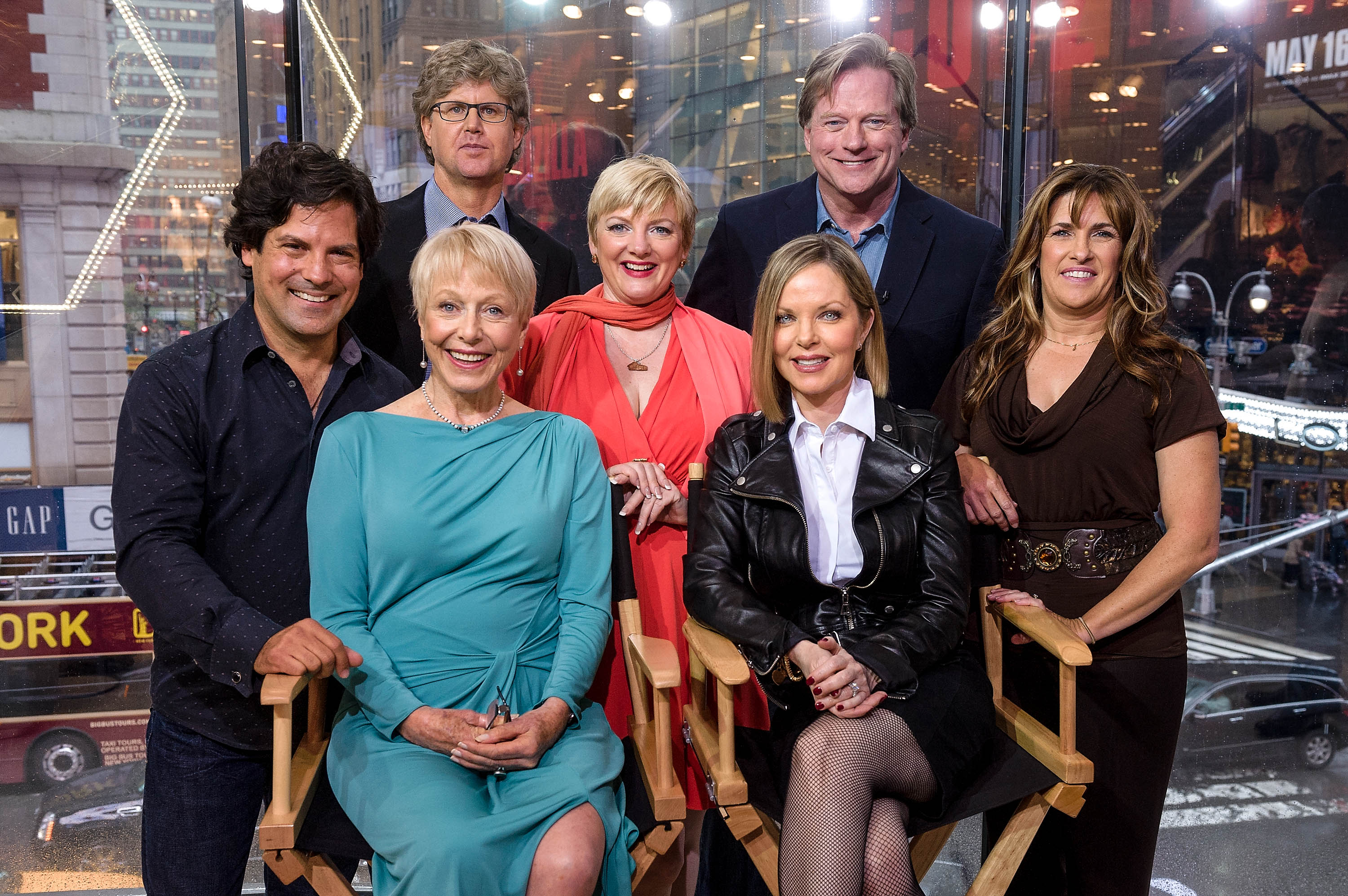 Matthew Labyorteaux, Michael Landon Jr., Alison Arngrim, Dean Butler, Lindsay Greenbush, Karen Grassle, and Melissa Sue Anderson visit "Extra" at their New York studios on April 30, 2014 | Source: Getty Images
