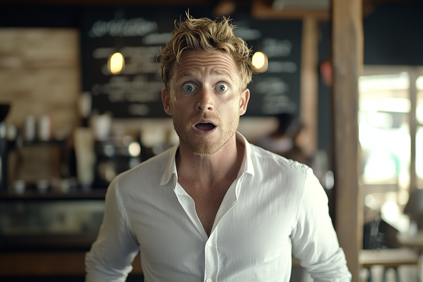 A man in a coffee shop looking shocked | Source: no source