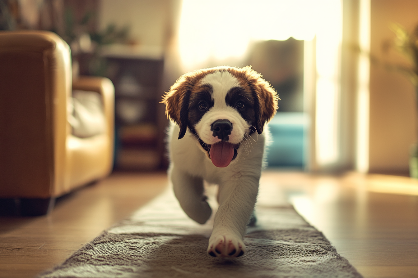 A happy Saint Bernard puppy with its tongue lolling out in the living room | Source: No source