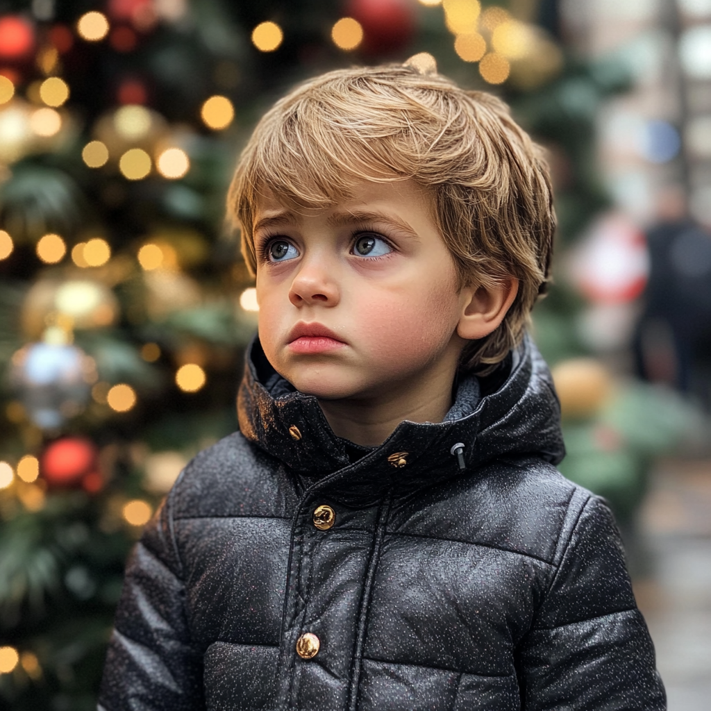 A sad boy next to a Christmas tree | Source: No source