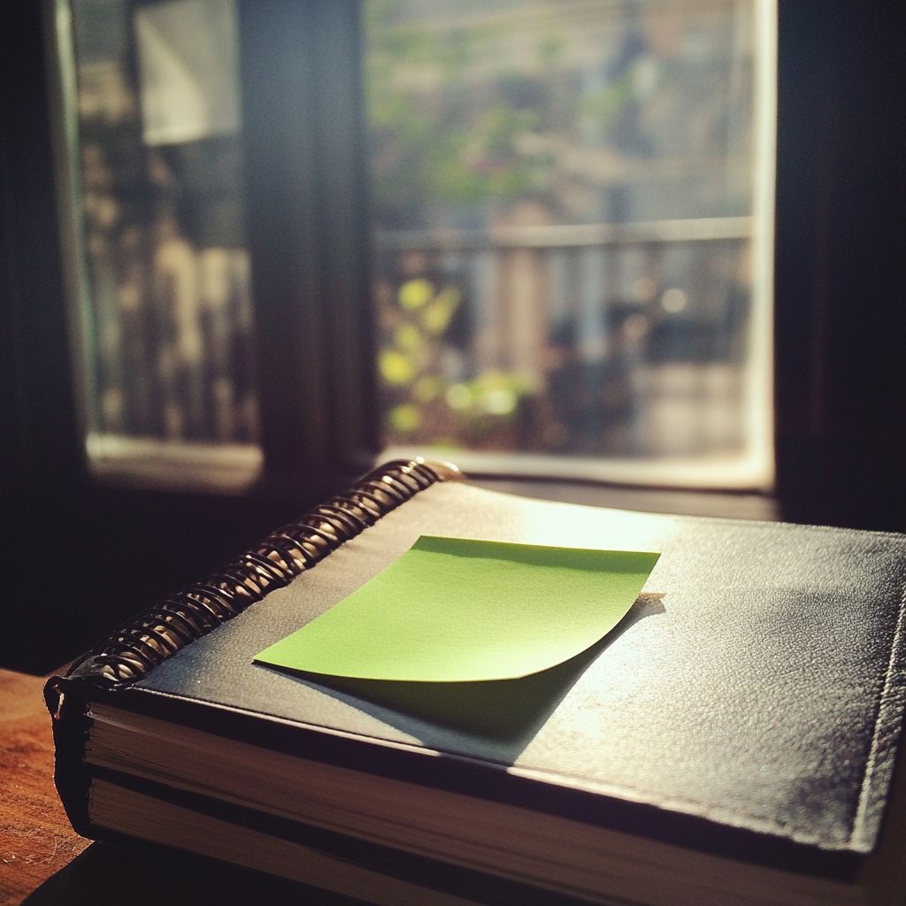 A green Post-it on a notebook | Source: No source