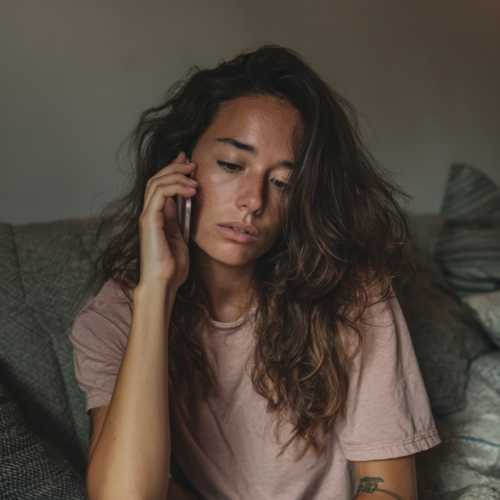 An emotional woman talking on a phone wearing a pink t-shirt | Source: No source