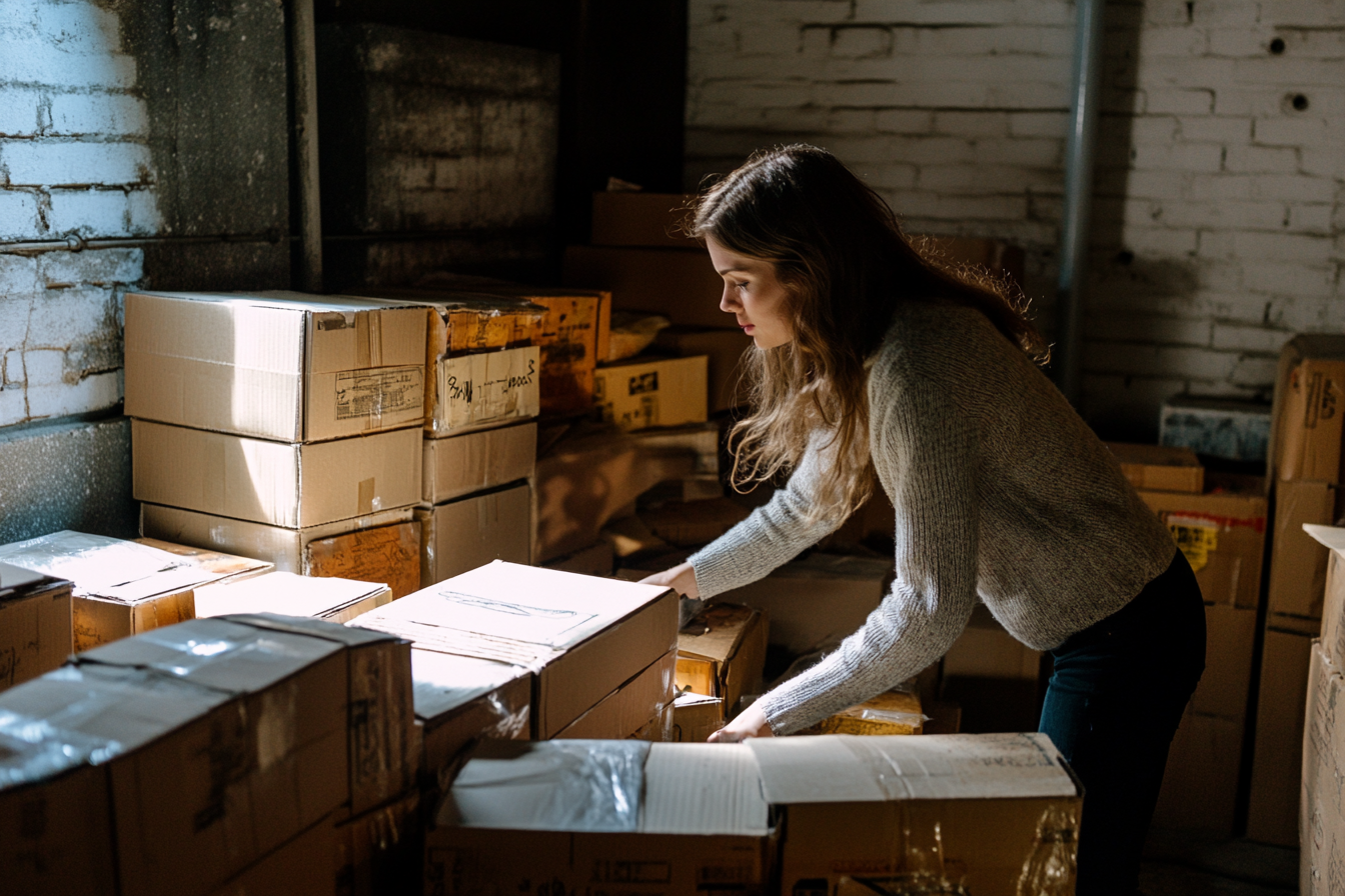 A woman searching through boxes in her basement | Source: no source