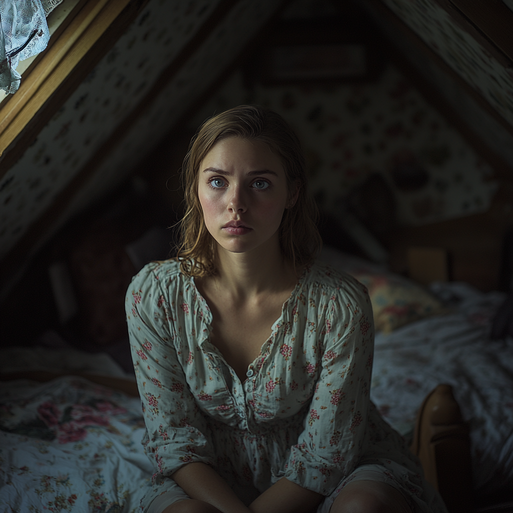 A woman sitting in an attic and looking at someone | Source: no source