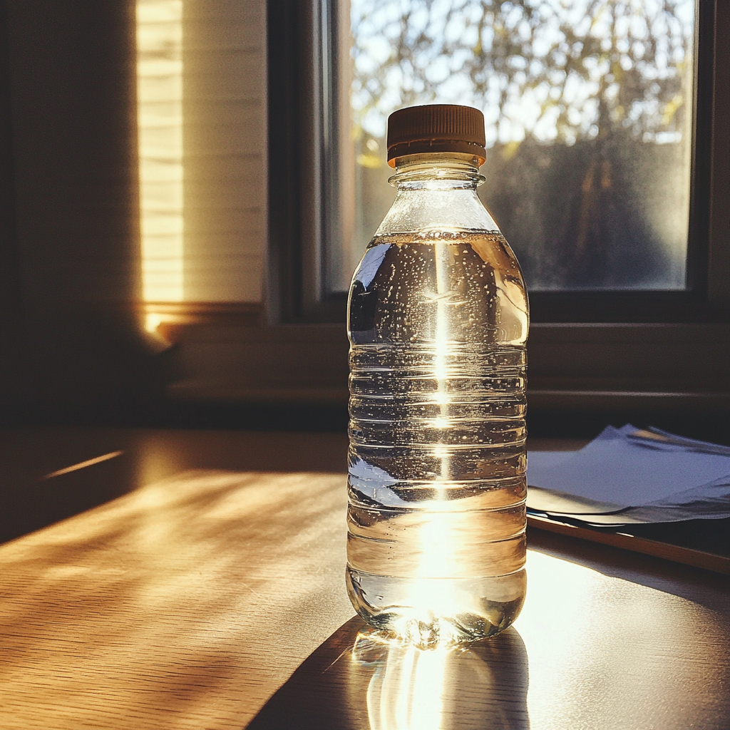 A bottle of water on a desk | Source: No source