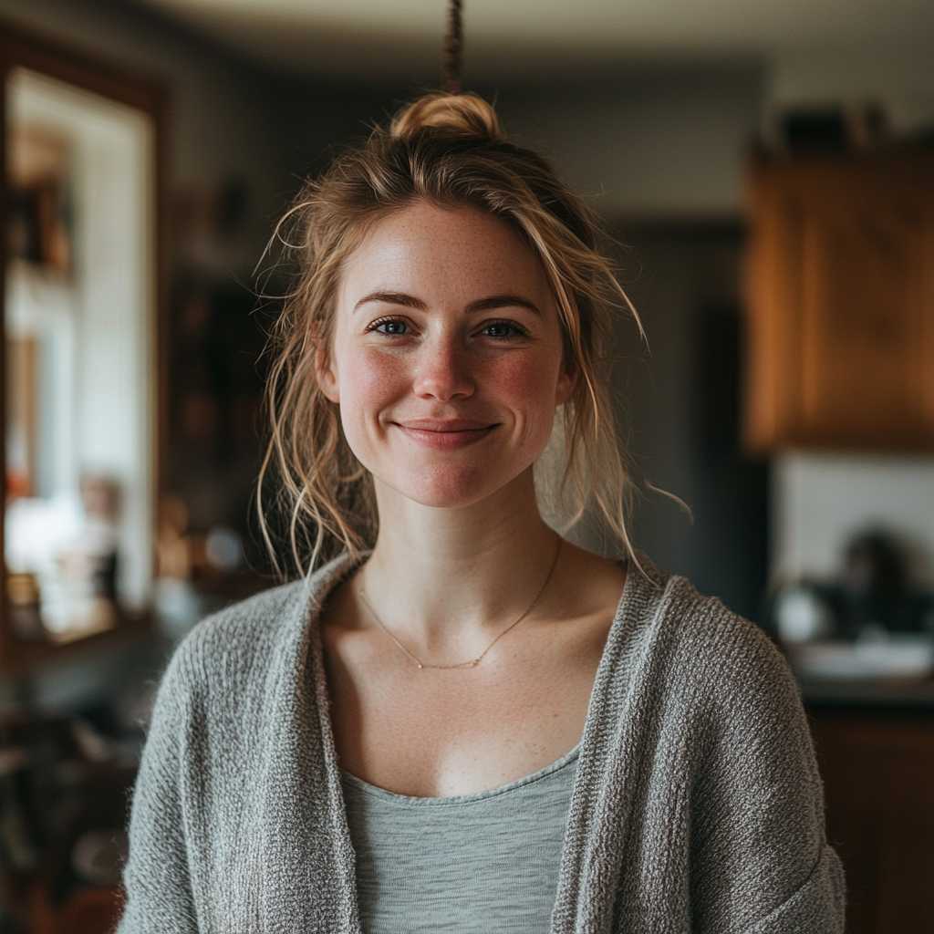 A smiling woman standing inside a house | Source: No source
