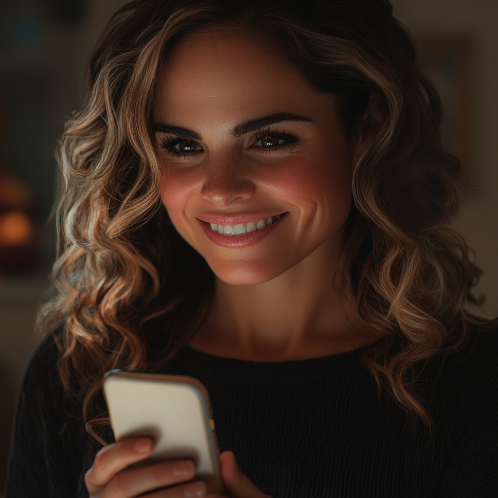 A woman smiling while holding her phone | Source: no source