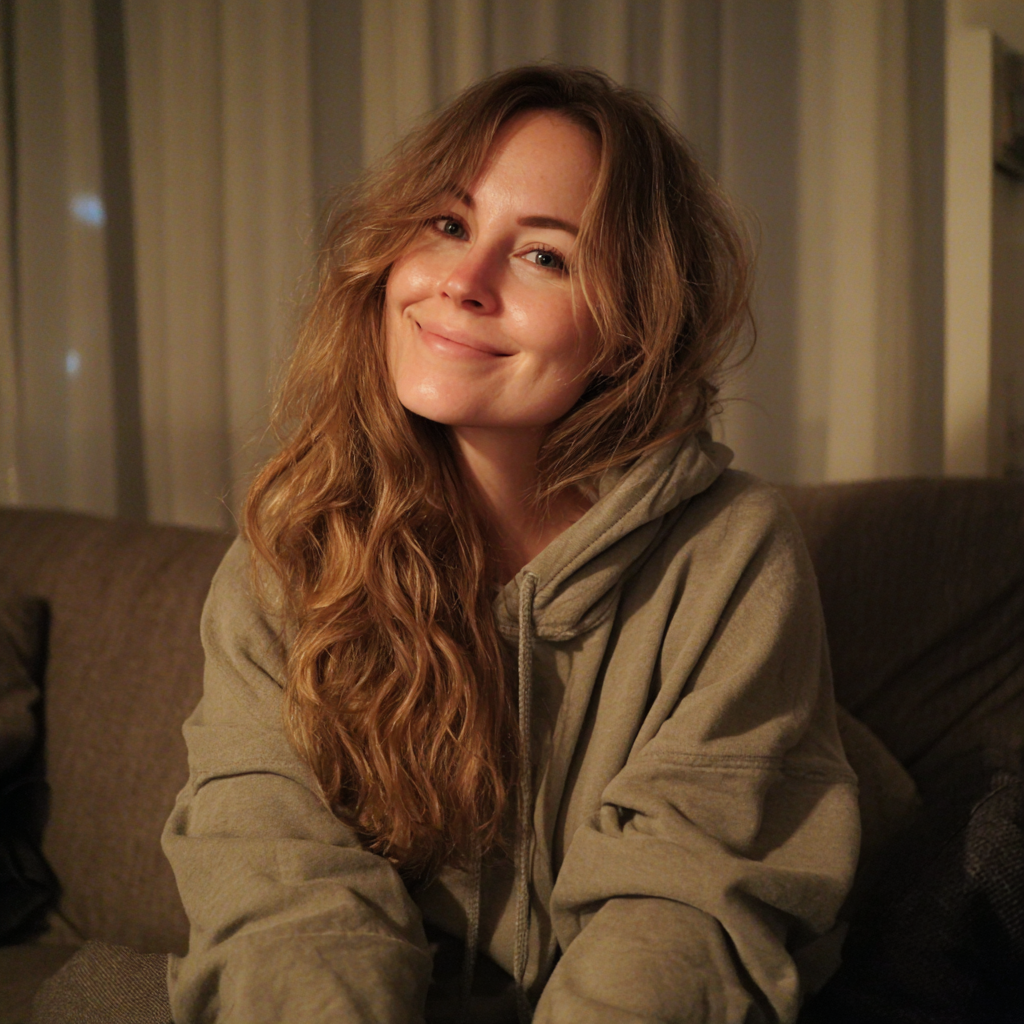 A woman sitting on a couch in a hoodie | Source: no source