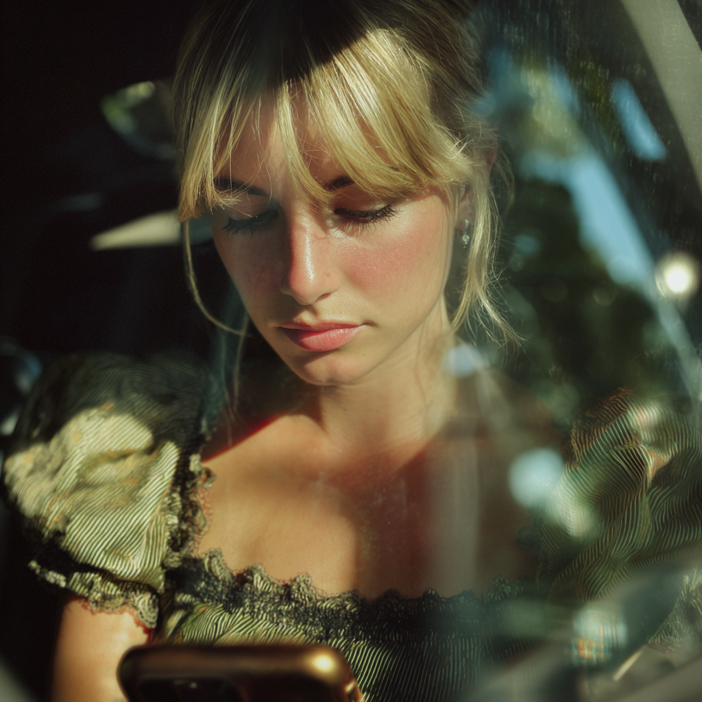 A woman using a cellphone in a car | Source: no source