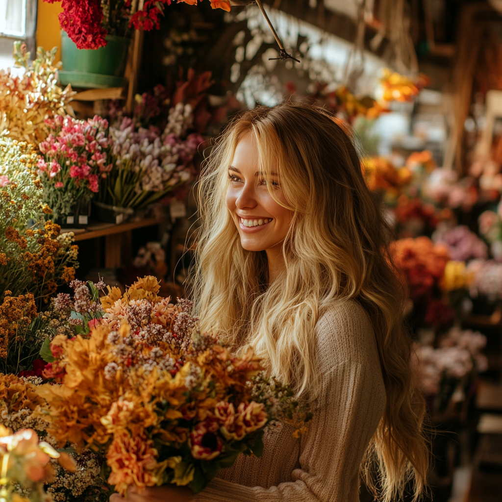 A smiling woman with a bouquet | Source: no source