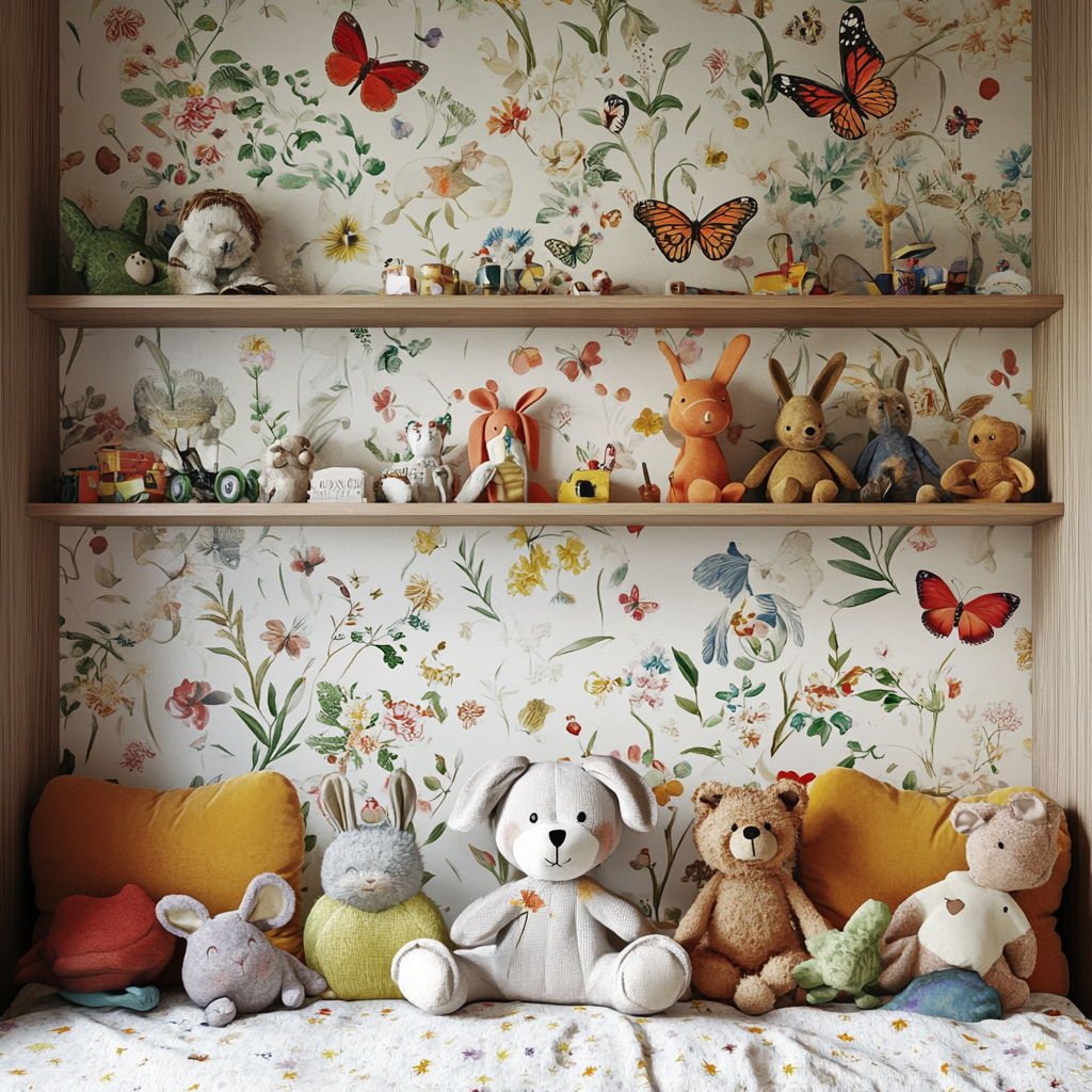 A stunning kids' room with gorgeous wallpaper and stuffed toys | Source: No source