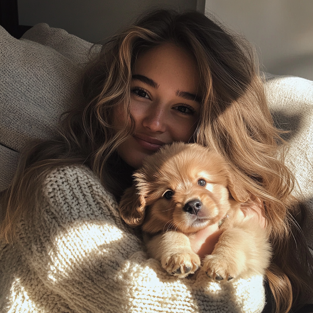 A young woman holding a puppy | Source: no source
