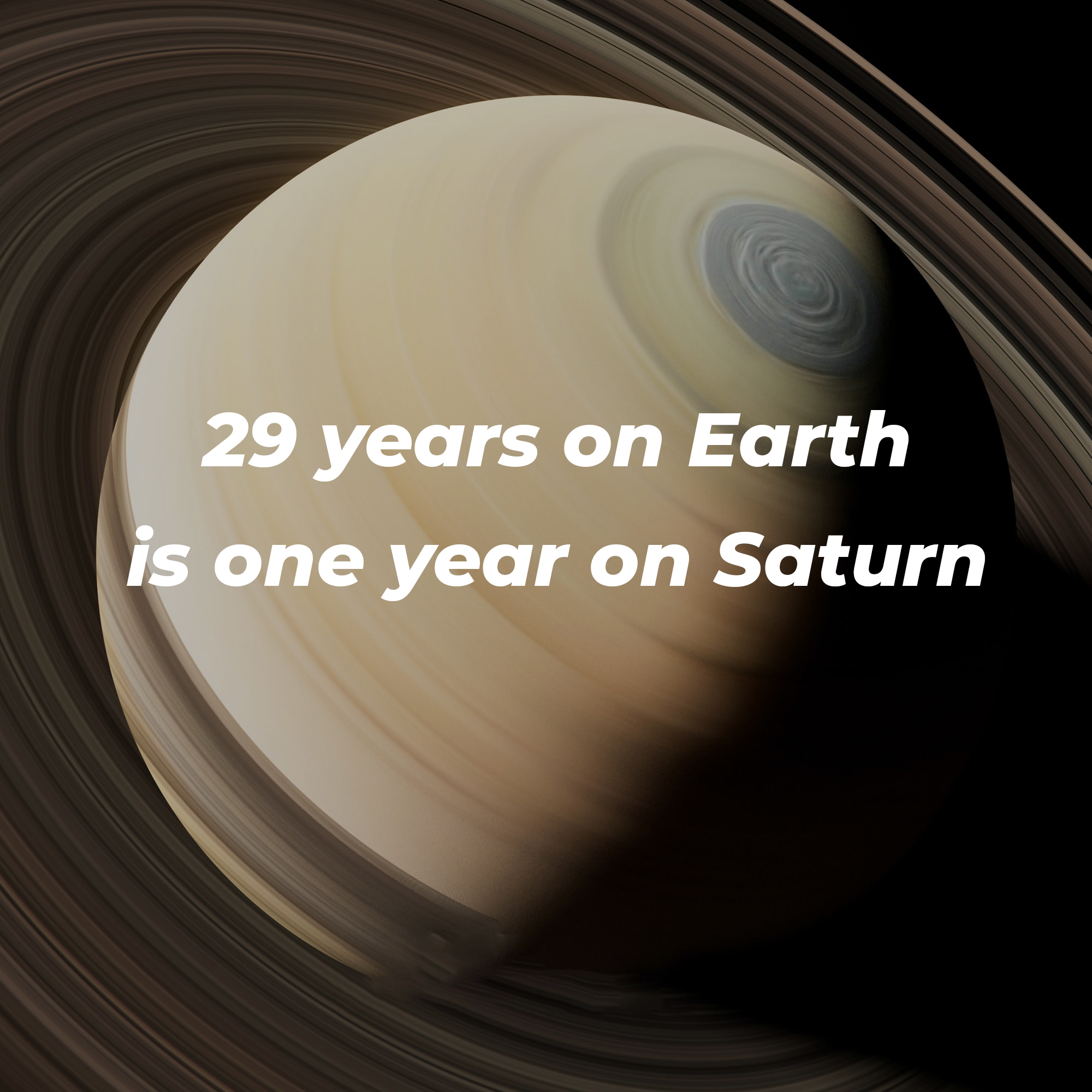 An animated picture of Saturn with overlaid text reading, “29 Years on Earth Is One Year On Saturn.” | Image: Unsplash
