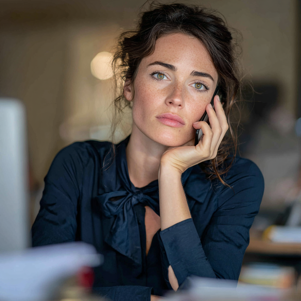 A woman sitting at her desk and talking on a phone | Source: No source