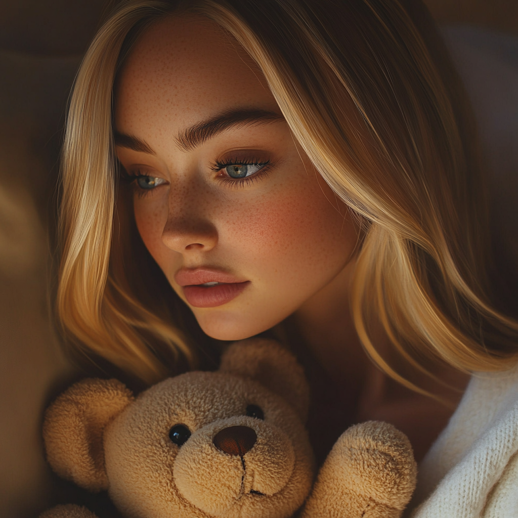A sad woman holding a teddy bear | Source: no source