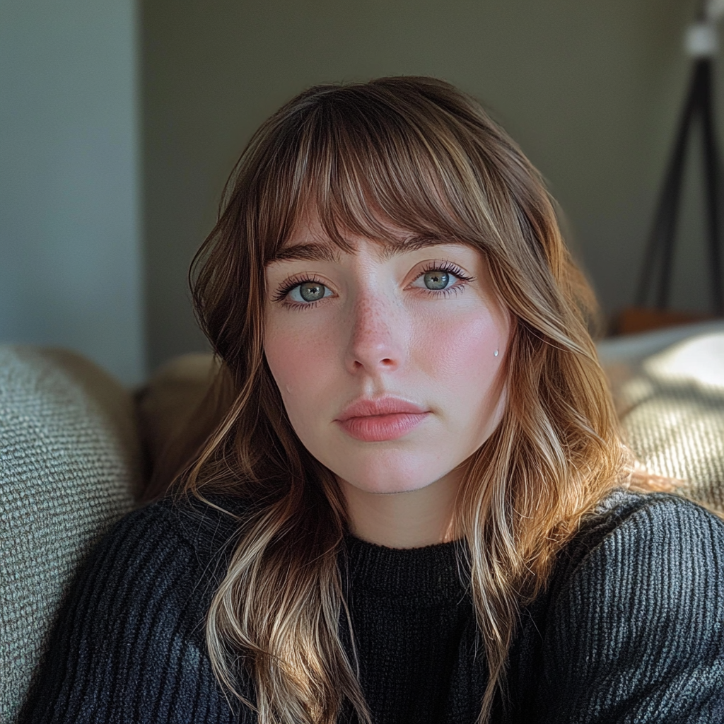 A close up of a woman sitting on a couch | Source: no source