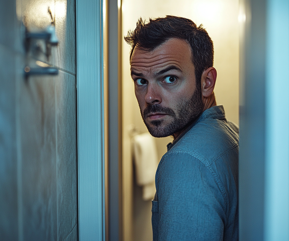 A man glancing over his shoulder suspiciously while entering a bathroom | Source: No source