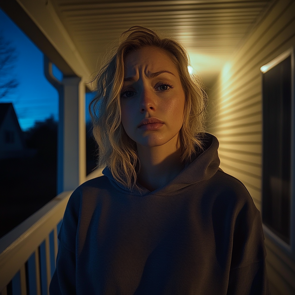 An upset woman standing on a porch | Source: No source