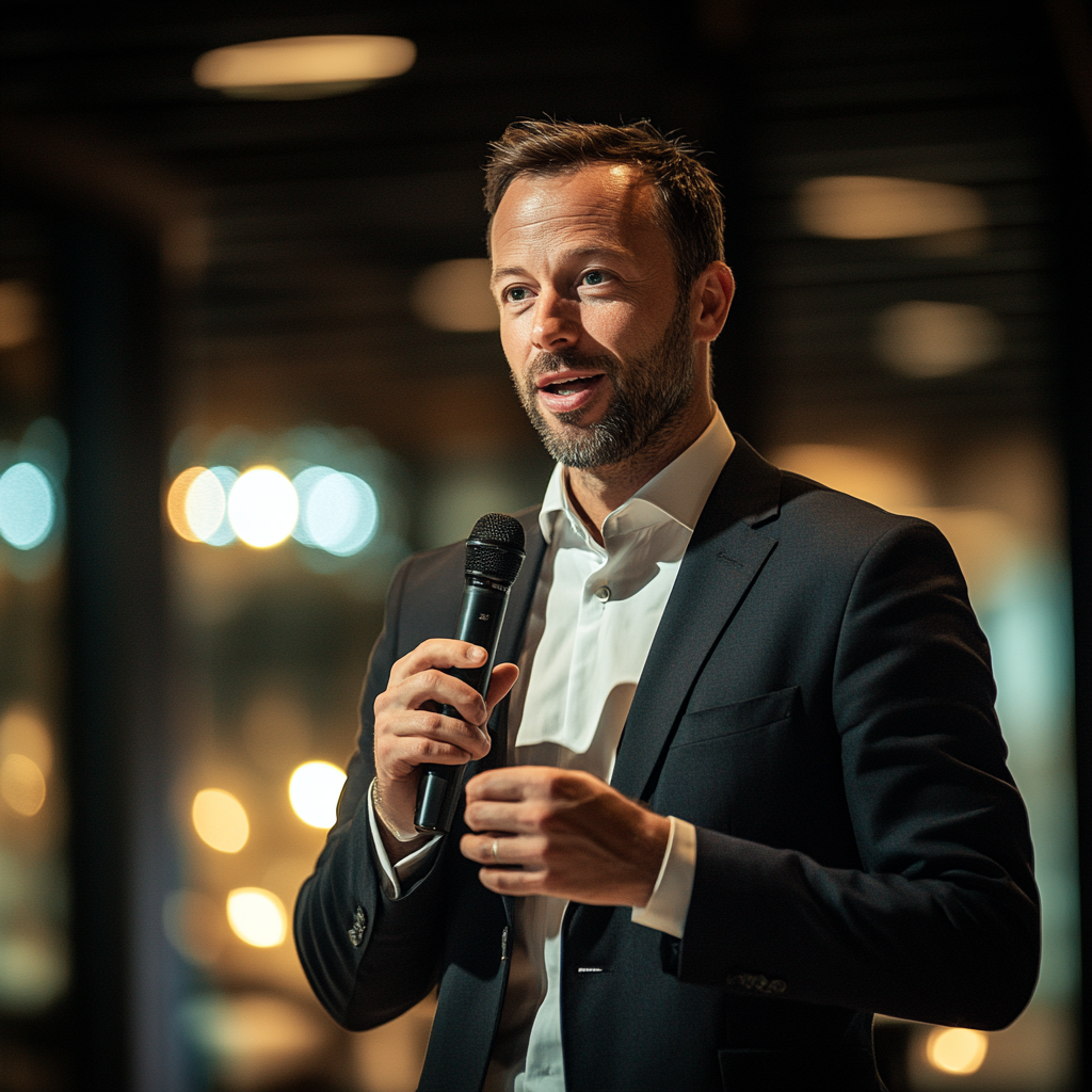 Man in a suit stepping onto the stage for his presentation | Source: No source