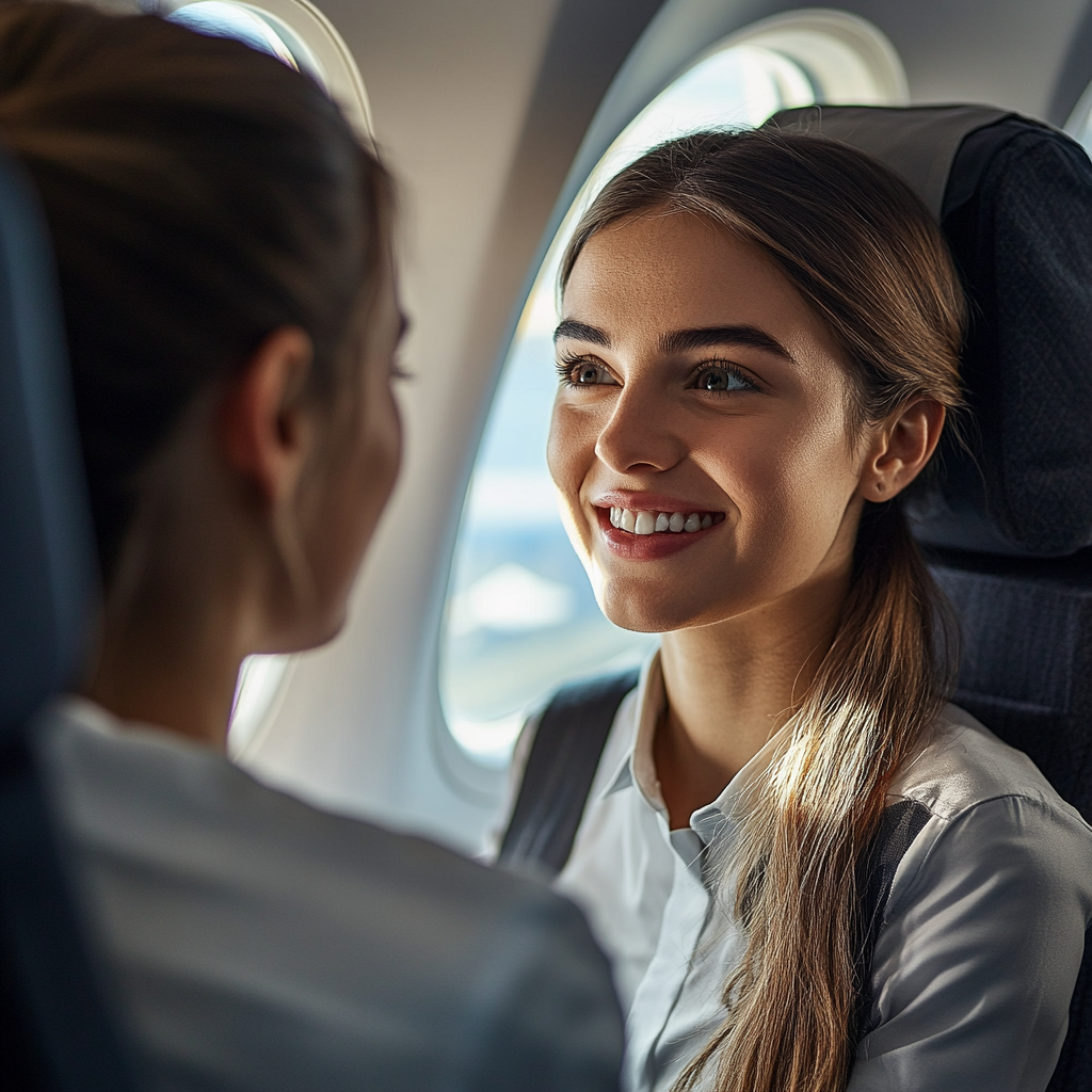 A nice flight attendant talking to a woman | Source: no source