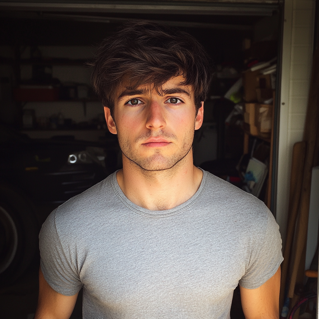 A young man standing in a garage | Source: no source