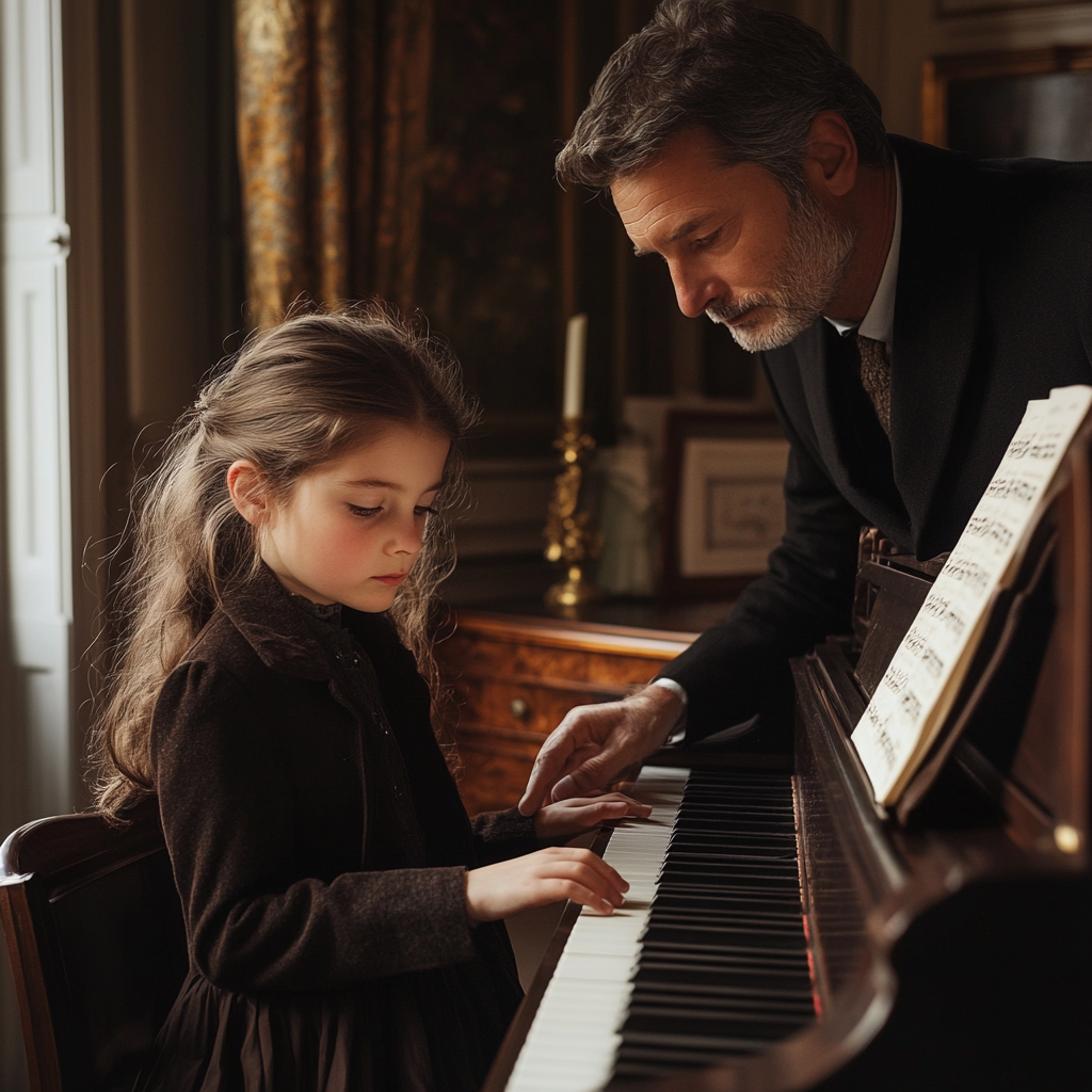 A young girl playing the piano with her father watching | Source: no source
