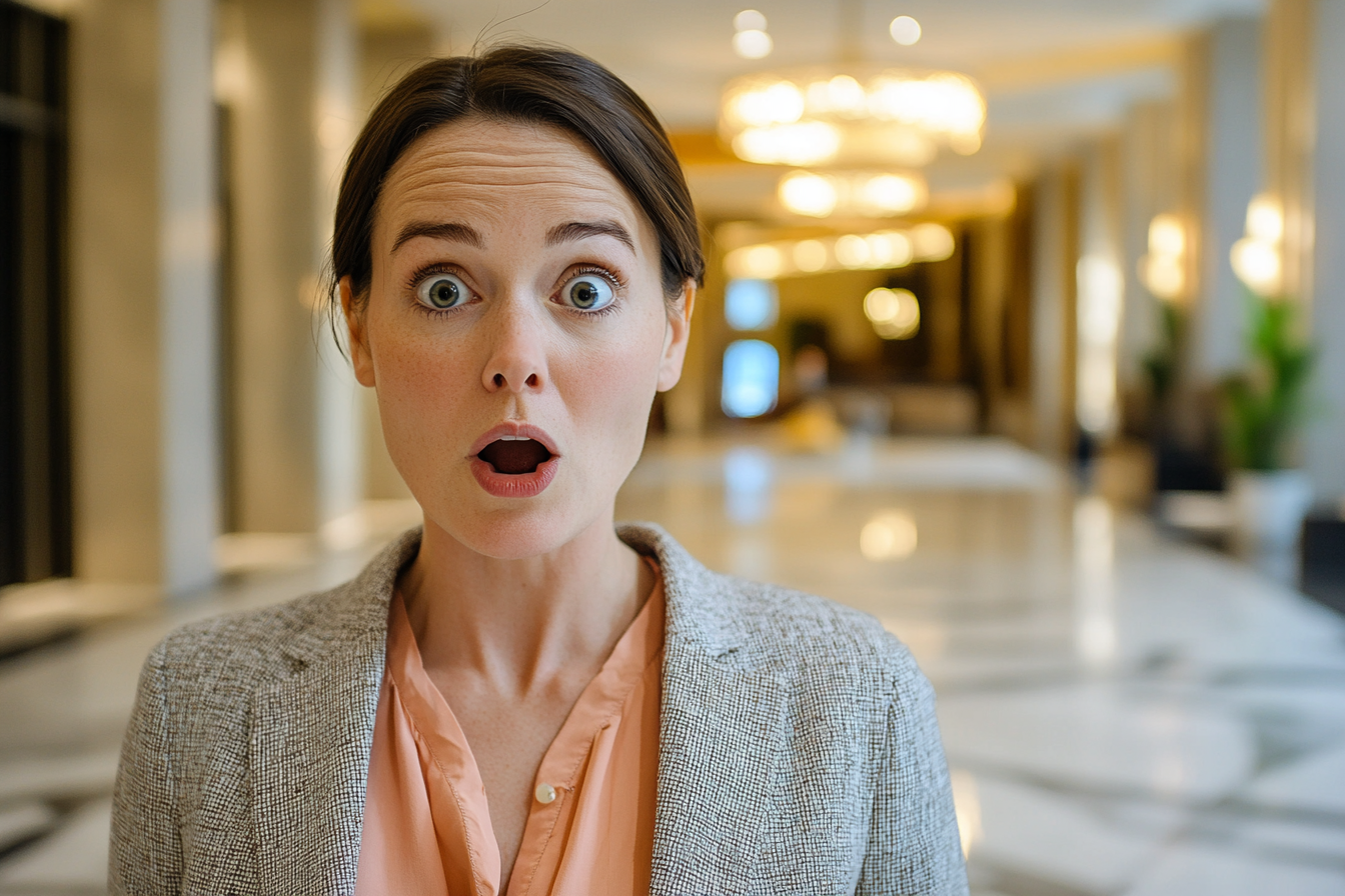 A shocked woman in a hotel lobby | Source: No source