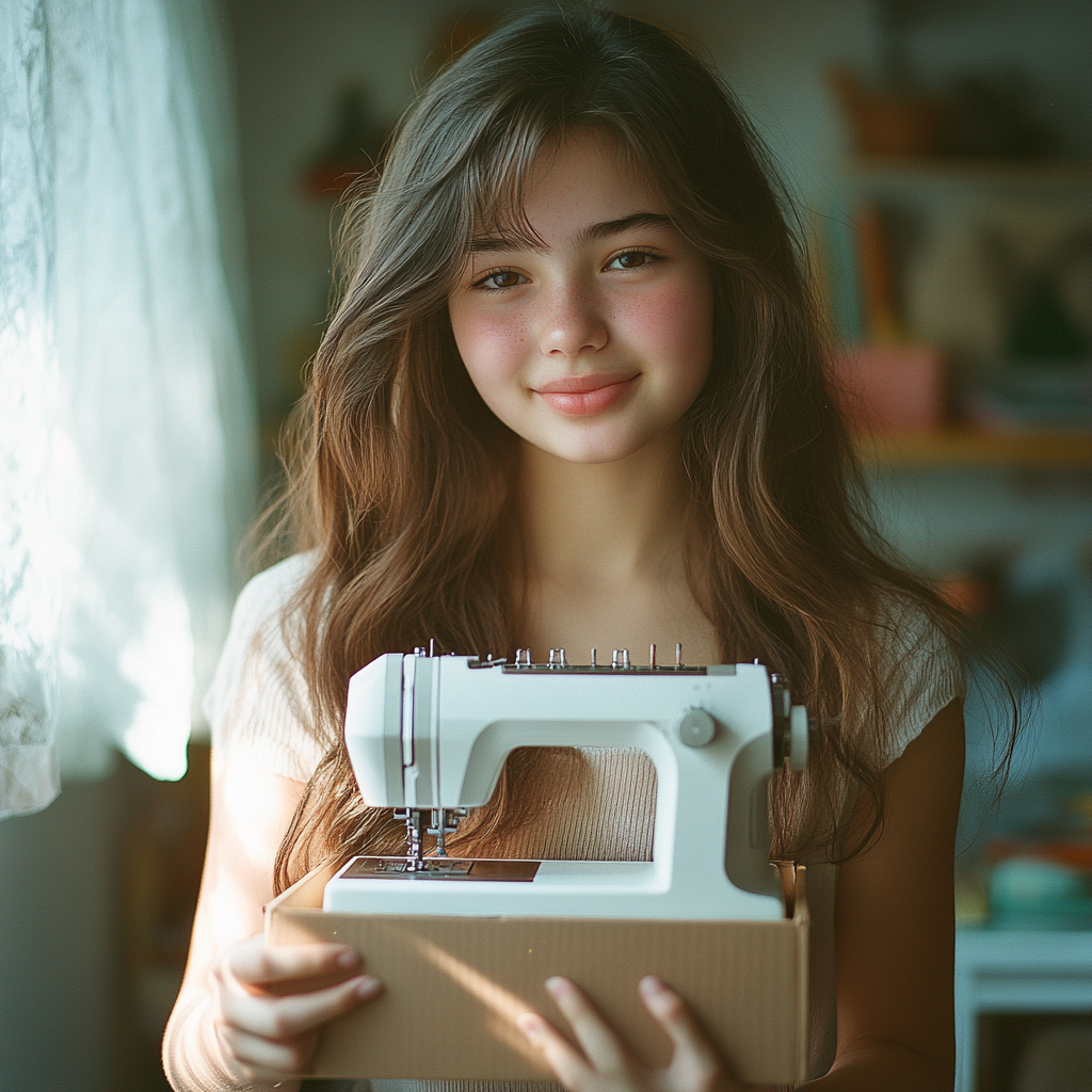 A happy girl with her sewing machine | Source: No source
