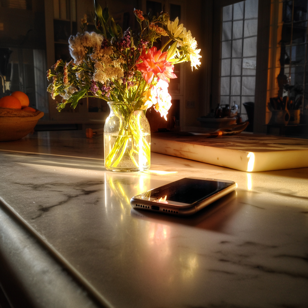 A cellphone on a kitchen counter | Source: No source