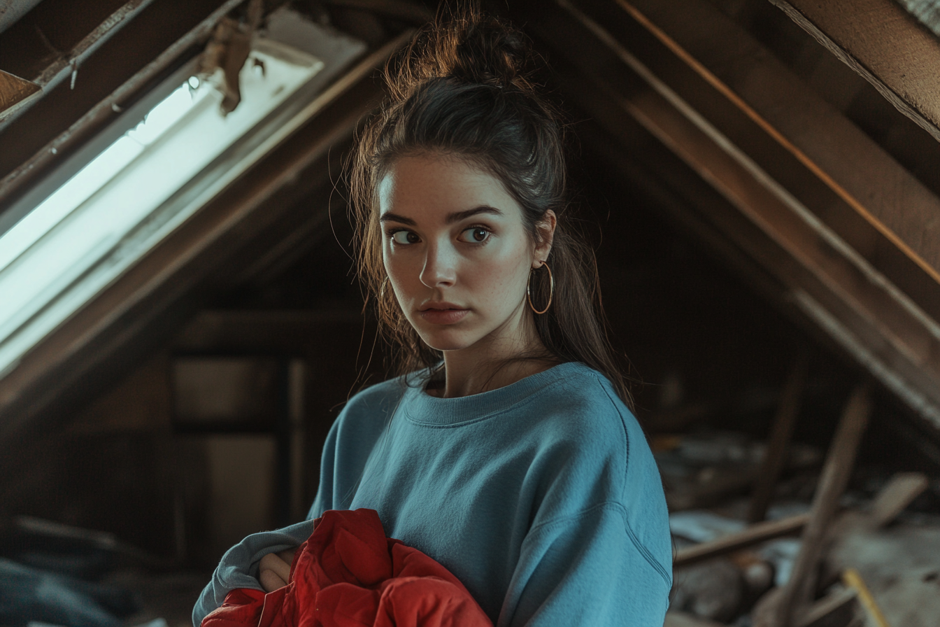 A woman in her 30s holding a red jacket and thinking in an attic | Source: no source