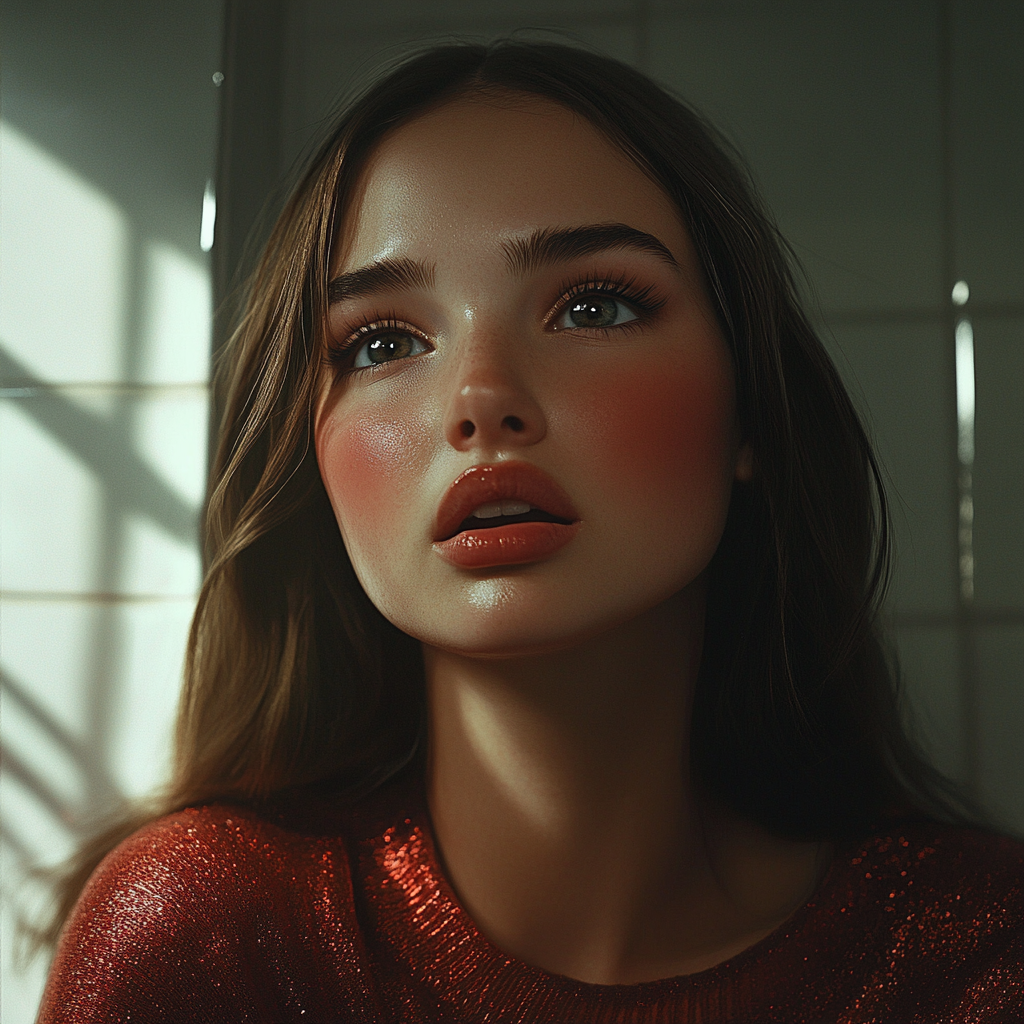An emotional woman in a bathroom | Source: No source