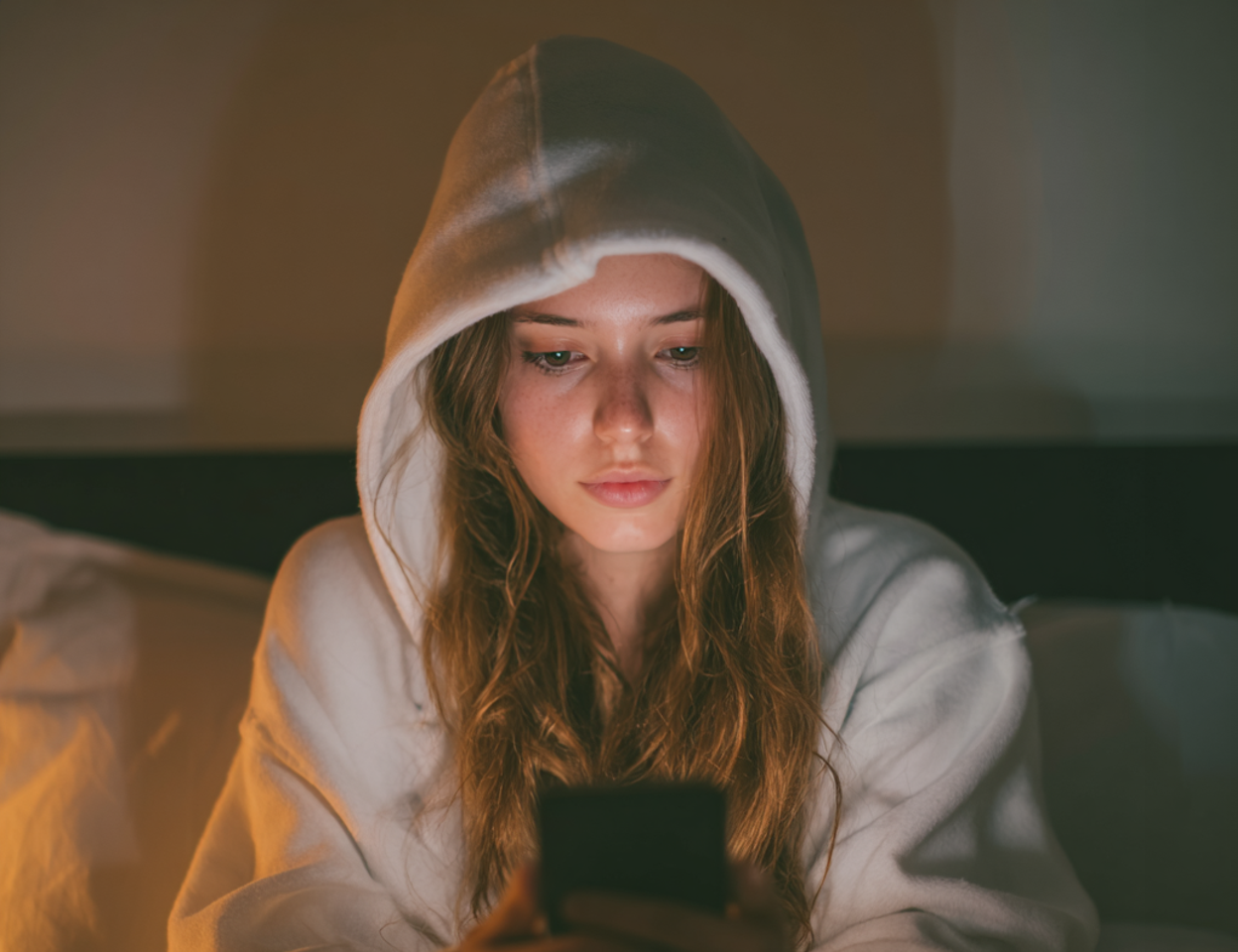 A woman sitting on her bed and using her cellphone | Source: no source