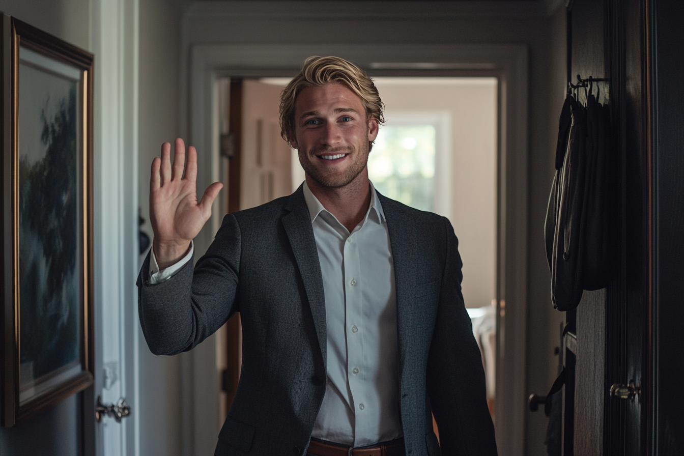 A grinning blonde man in a suit waving goodbye while standing in a hallway | Source: No source