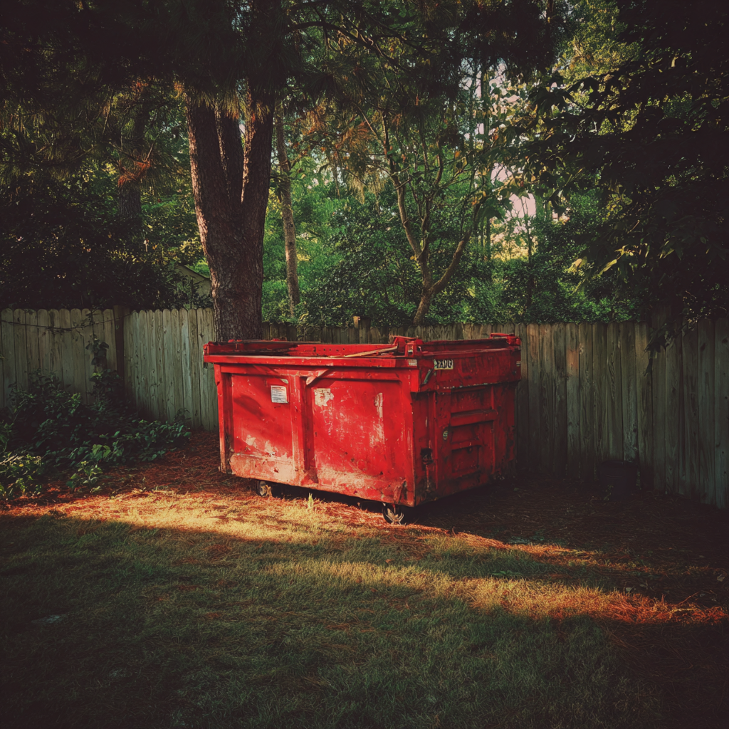 A red dumpster in a backyard | Source: no source