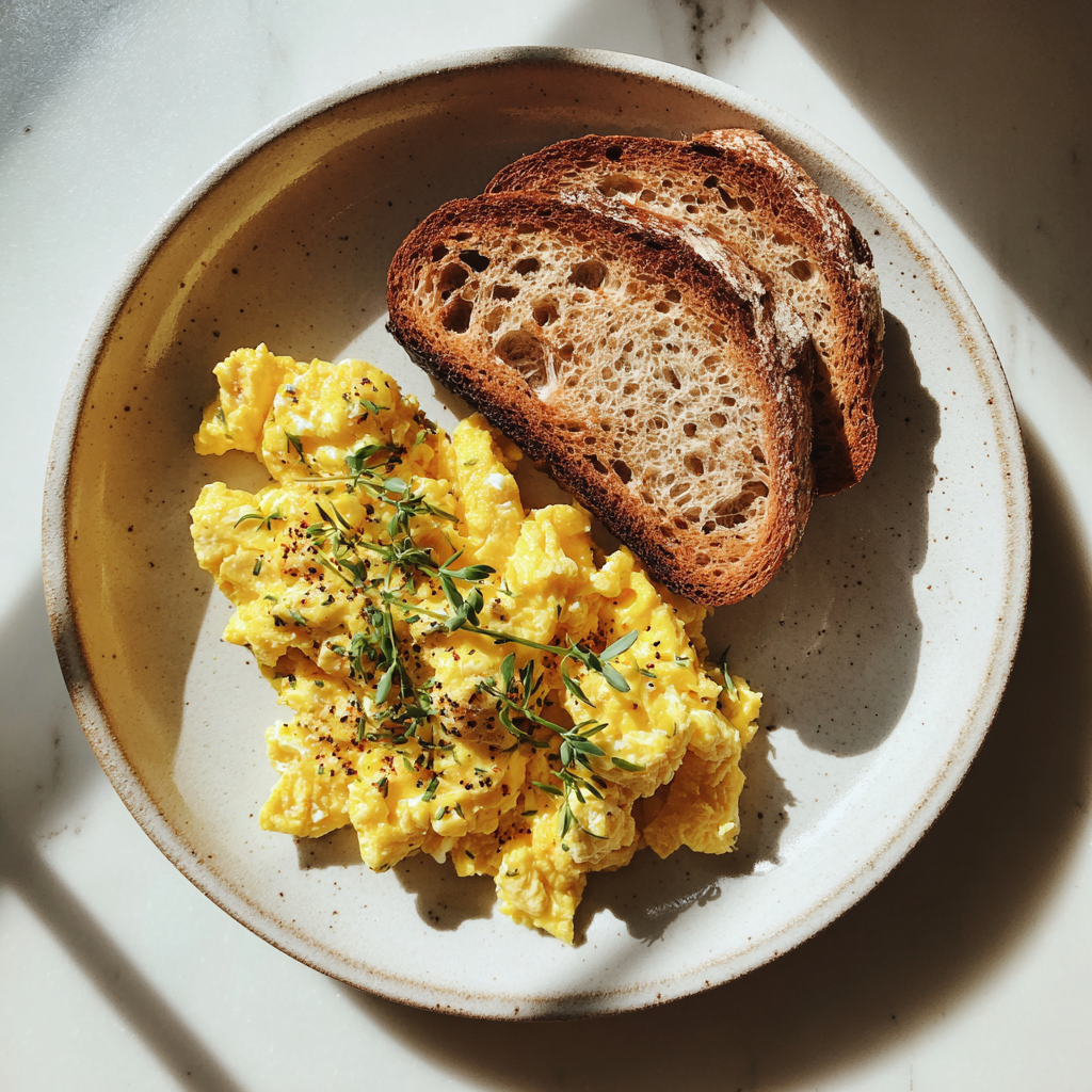 A plate of scrambled eggs and toast | Source: no source