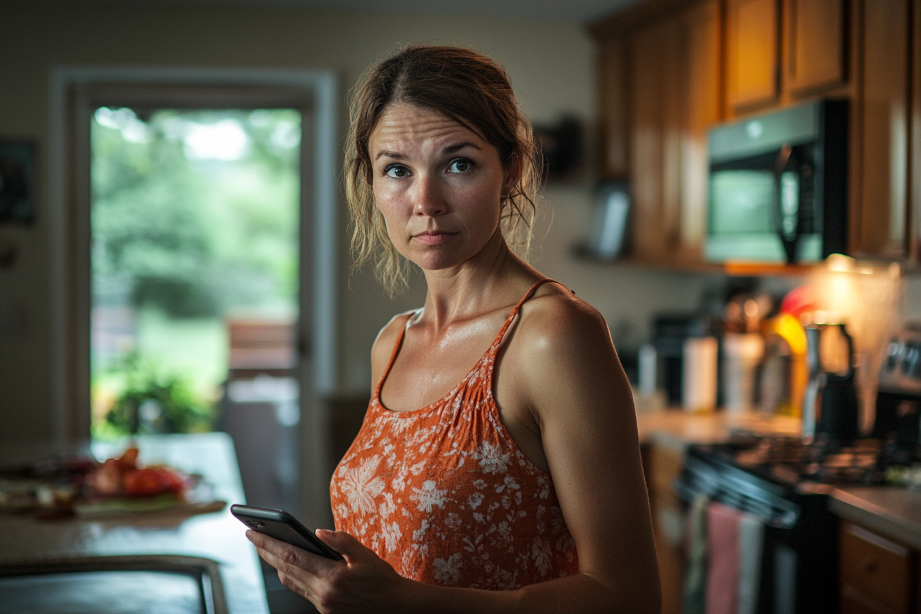 A woman in a kitchen holding her cell phone | Source: no source