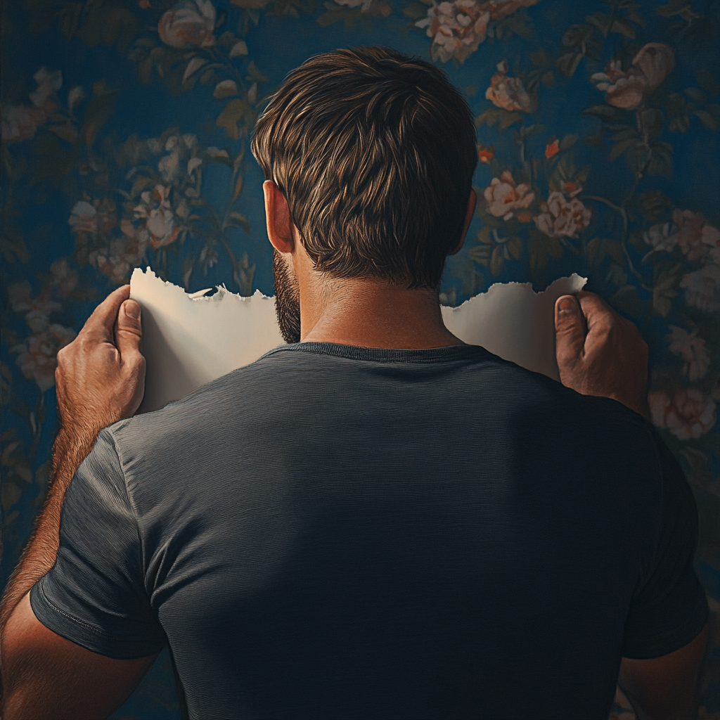 A man ripping a floral wallpaper | Source: No source